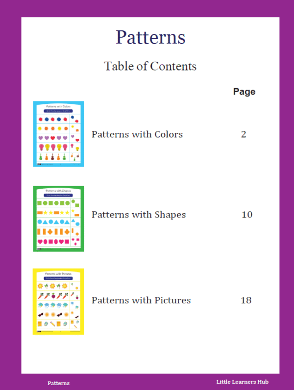 Patterns Worksheets – Colors, Shapes & Pictures (25 Printable Pages)