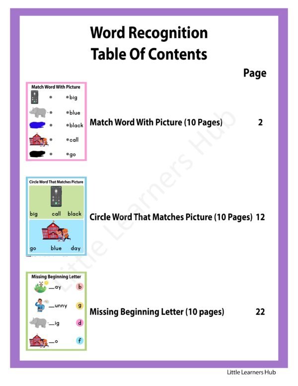 Word Recognition Worksheets – Read, Match & Color (31 Printable PDF Pages)